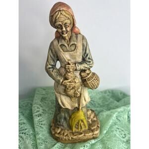 Vintage Old Woman Holding Fish Ceramic 11" Figurine Basket Pitchfork Homco